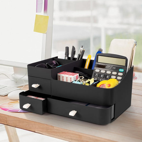 Large Makeup Organizer for Vanity - Countertop Storage with Drawers for Skincare, Brushes, and Cosmetics (Black)