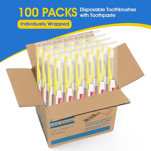 Disposable Toothbrushes with Toothpaste - 100 Packs Individually Wrapped Travel Toothbrushes Bulk, Medium Soft Bristles, Perfect for Travel Size Toiletries, OCC, Airbnb, Dentist, Office