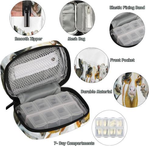 Honeybaby Funny Cow Faces Pill Case Bag Portable Weekly Pill Organizer Travel Pill Organizer Case Bag with Zipper