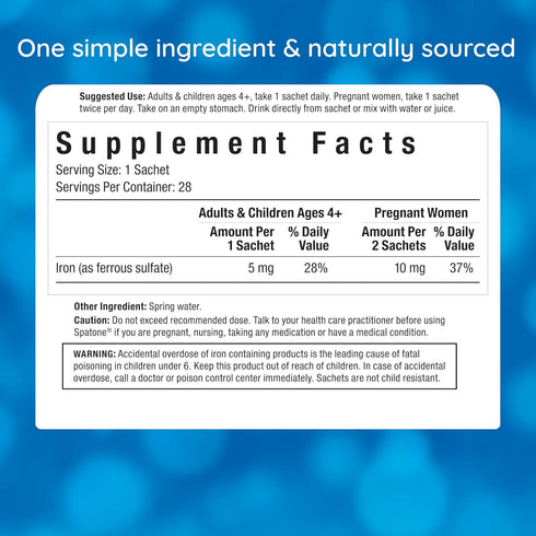 Spatone Natural Liquid Iron Supplement - 28-Day, 5mg of Iron per 20mL Sachet, Ideal for Women, Men & Kids