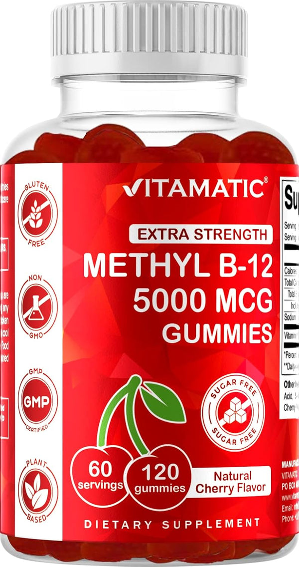 Vitamatic Extra Strength Vitamin B12 5000 mcg (Methyl B12) Gummies, 120 Count, Natural Cherry Flavored