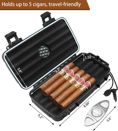 Flauno Travel Cigar Humidor Case, Portable Cigar Box with Humidifier Disc & Cigar Cutter, Waterproof and Crushproof