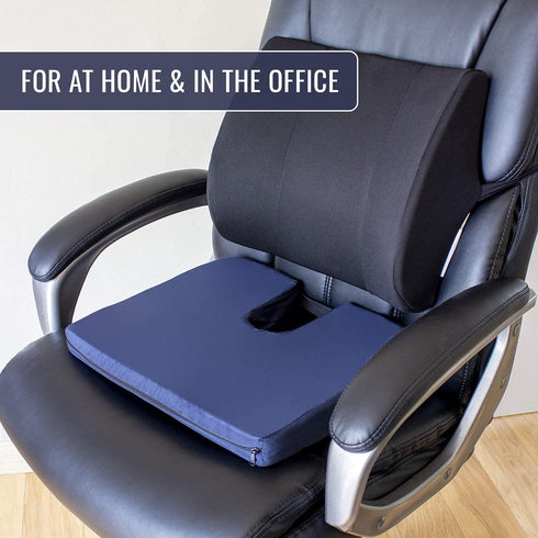 DMI Sloping Back Foam Seat Cushion - Coccyx Pain Relief, Navy, 16 x 18 x 2 – 4 Inches, With Cover