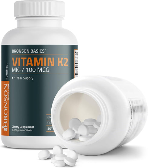 Bronson Vitamin K2 MK-7 100 MCG, 360 Tablets - Bone Support, 1 Year Supply of K2 as MK7 Menaquinone