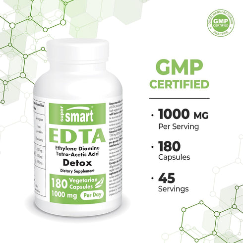 Supersmart EDTA 1000mg Calcium Disodium EDTA Supplement - 180 Vegetarian Capsules, Non-GMO & Gluten Free