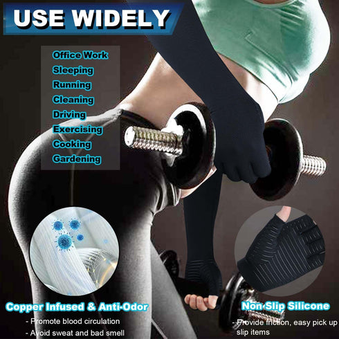 Copper Long Arthritis Gloves, Long Wrist Compression Arm Sleeve Carpal Tunnel Gloves, Fingerless Hand Compression