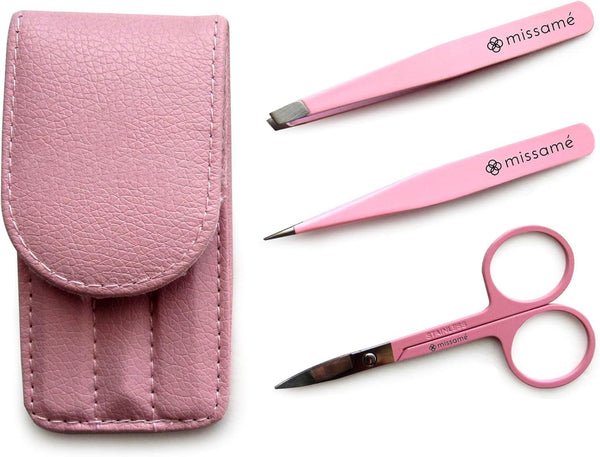 Precision Stainless Steel Eyebrow Tweezers Set, Pointed and Slanted Tip, Curved Brow Scissors, Pink Travel Case