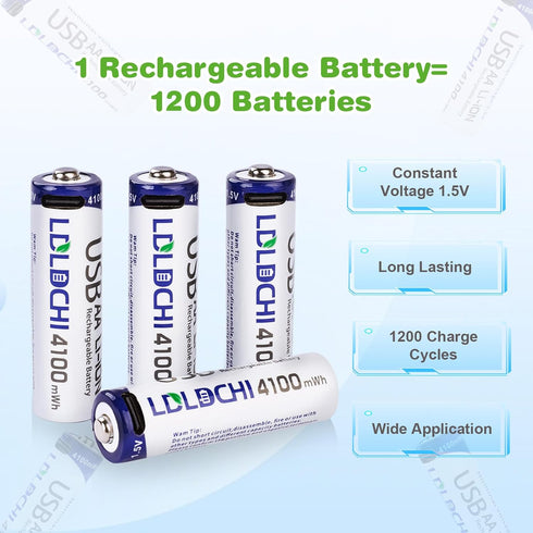 LDLDCHI 4100mWh 4 Pack 1.5V 1200 Rechargeable AA Lithium Batteries, Double A Battery with USB-C Charging Cable, Long