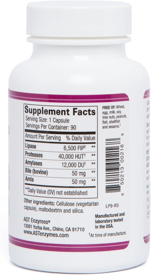 AST Enzymes Lipase-HP Plus, 90 Vegetarian Capsules, Digestive Enzymes for Fatty Foods