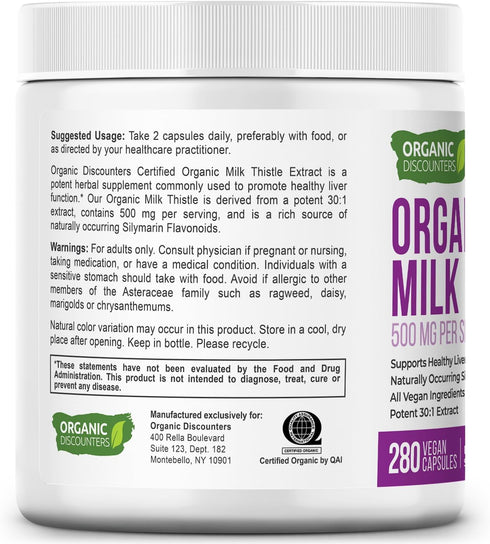 Milk Thistle Capsules, 280 Count, 7500 mg Strength, USDA Certified Organic, Vegan, Non-GMO, Rich in Silymarin