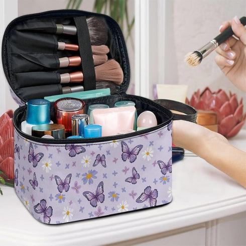 Purple Butterfly Makeup Bag - Cute Floral Cosmetic Organizer for Women, Portable Toiletry Case for Travel