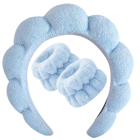 Blue Spa Headband for Washing Face, Soft Puffy Makeup Skincare Headband & Wristband Set for Women Girls