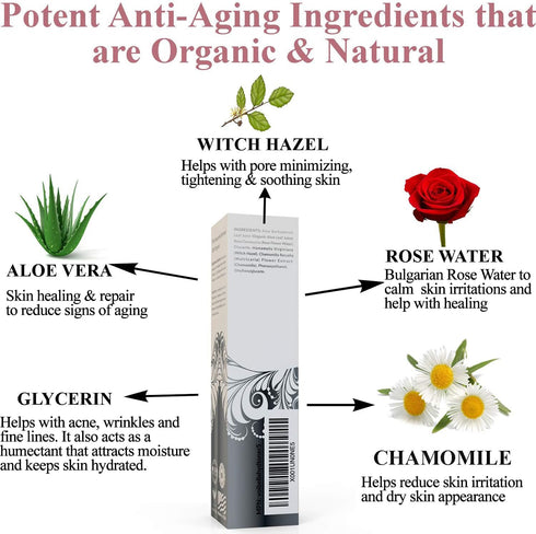 Organic Hydrating Toner for Face - Anti-Aging Rose Water, Witch Hazel & Aloe Vera Facial Mist