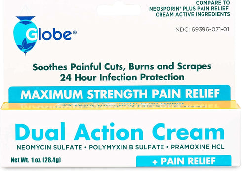 (2 Pack) Globe Triple Antibiotic Cream + Pain Relief - Neomycin, Polymyxin B, Pramoxine HCl, 24 Hour Protection
