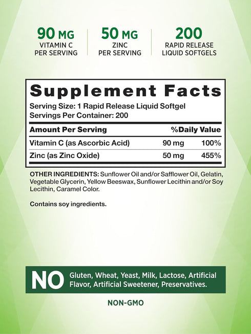Nature's Truth Zinc 50mg with Vitamin C | 200 Liquid Softgels | Non-GMO & Gluten Free Supplement