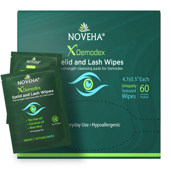 NOVEHA Demodex Eyelid & Lash Wipes, Box of 60 Individually Wrapped Extra Strength Cleansing Wipes for Itchy Eyes