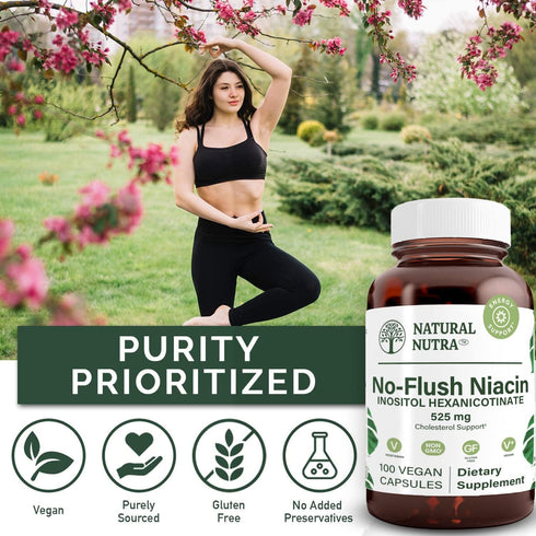 Natural Nutra No Flush Niacin, Vitamin B3 Supplement, 525 mg, 100 Capsules for Heart Health