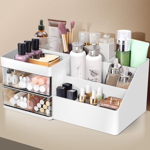 Makeup Organizer - Cosmetic Desk Storage Box with Drawers for Brushes, Lotions, Lipstick, Perfume, Bathroom Counter