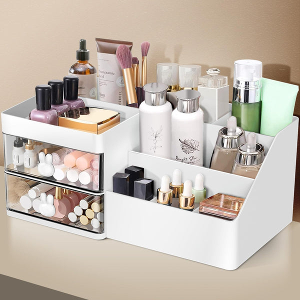 Makeup Organizer - Cosmetic Desk Storage Box with Drawers for Brushes, Lotions, Lipstick, Perfume, Bathroom Counter