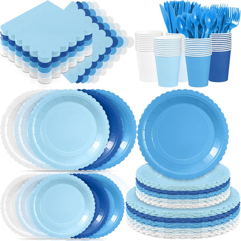 Zhehao 175 Pcs Blue Party Supplies Set Blue Disposable Tableware Kit with Plates,