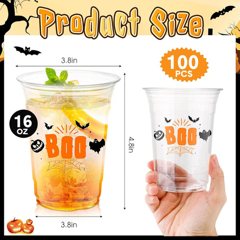 Tiangrid 100 16 oz Pcs Halloween Plastic Cups Bulk Disposable Halloween Boo Party Cups Spooky Clear Plastic Glasses