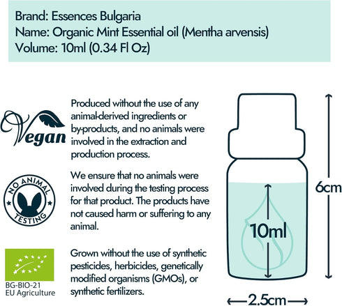 Essences Bulgaria Organic Mint Essential Oil - 1/3 Fl Oz (10ml) - 100% Pure & Natural Therapeutic Grade