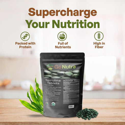 Go Nutra - Organic Spirulina Tablets, Packed with Vitamins, Minerals, Fibers, Amino Acids, Non-GMO, Vegan, 500 mg, 720