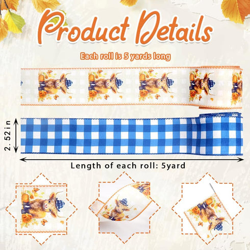2 Rolls Cute Animal Ribbons for Crafting, Spring Summer Wired Edge Ribbon Blue Buffalo Plaid Ribbon Bow Birthday Calf Farmhouse Burlap Ribbon for Gift Wrapping Baby Shower Decorations Supply by Estivaux