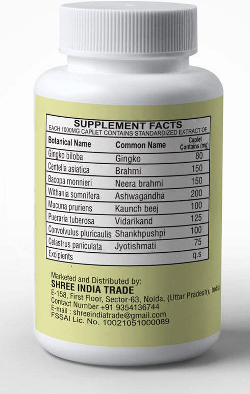 AYUREVDASHREE Medho Vatika, 60 Caplets, Each 1000 MG with 8 Natural Herbs