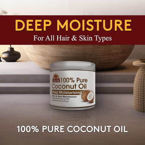 Okay 100% Pure Coconut Oil for Hair & Skin, Natural Massage Oil & Moisturizer, 6 fl oz Jar (Pack of 1)