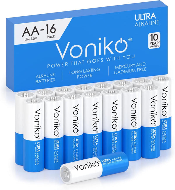 Voniko Premium Grade AA Batteries - 16 Pack, Alkaline Double A, Ultra Long-Lasting
