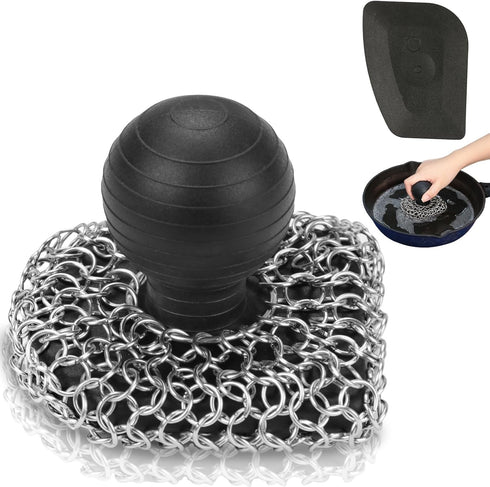 Cast Iron Scrubber with Pan Scraper, Upgraded Chainmail Sponge, Cast Iron Cleaner for Grill Pan, Black