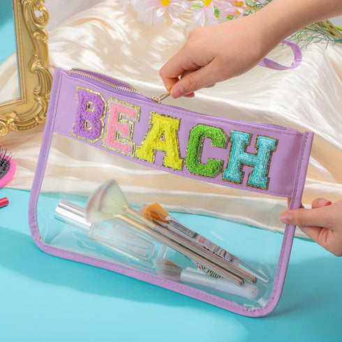 Sanwuta 2 Pcs Chenille Letter Clear Zipper Pouch - Transparent Travel Makeup Bag for Women (Beach Stuff, 11.8 x 8.2