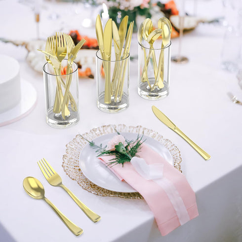 200 Count Heavy Duty Gold Plastic Silverware Set, 100 Forks, 50 Spoons, 50 Knives, BPA-Free Disposable