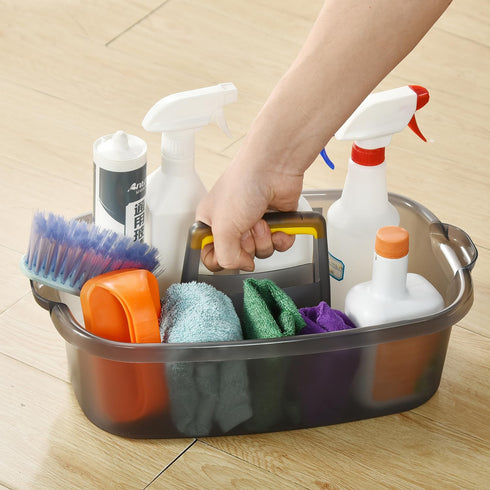 Large Cleaning Caddy with Handle, Sturdy Bucket Organizer for Cleaning Supplies, Clear Grey