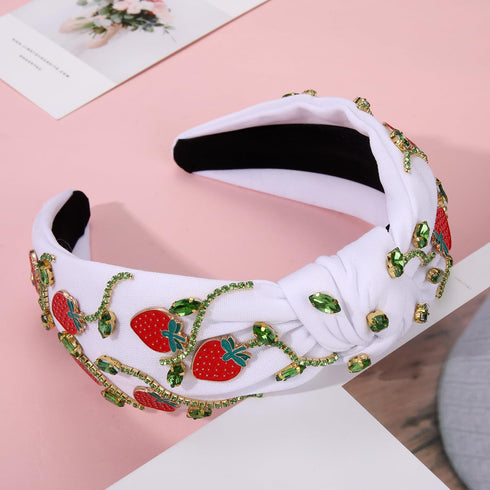NVENF Strawberry Headbands, Jeweled Rhinestone Knotted Headband for Women, Tropical Beach Accessory (Strawberry A-White)