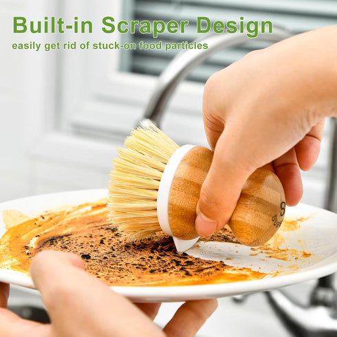SUBEKYU Bamboo Dish Brush, Natural Wooden Dishwashing Scrubber for Cleaning Dishes, 1 Set