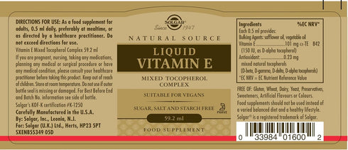 SOLGAR Liquid Vitamin E (with dropper) - 2 fl oz - Mixed Tocopherol Complex - Non-GMO, Vegan, Gluten Free, Dairy Free, Kosher - 118 Servings