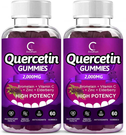 Quercetin Gummies - 60 Gummies (2 Pack) - Extra Strength Immune System Booster with Bromelain, Vitamin C, Zinc &