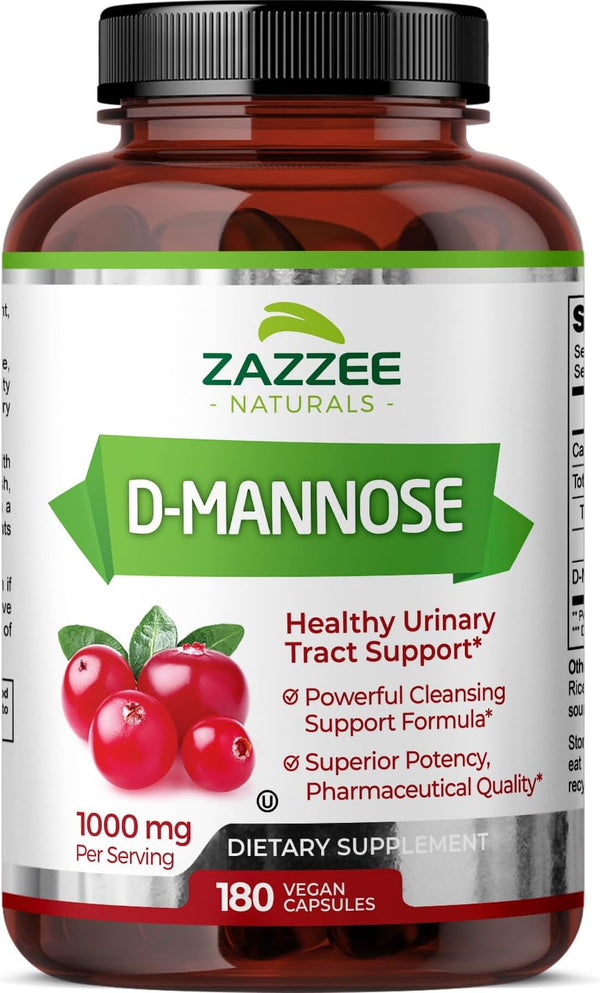 Zazzee D-Mannose, 1000 mg per Serving, 180 Vegan Capsules, 3 Month Supply for Urinary Tract Health