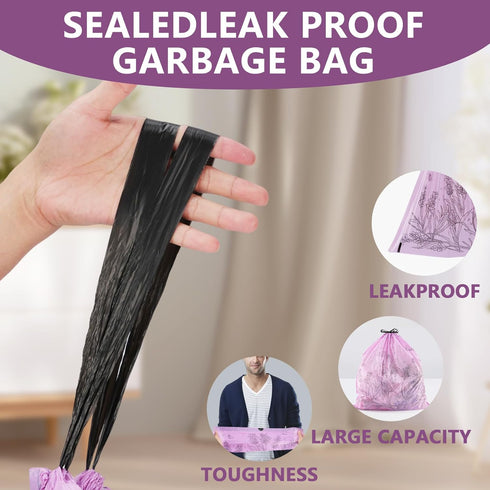 VOK 4 4 50 Count Trash bags, Gallon Trash Bags Drawstring, Colorful & Portable Small Trash Bags with Lavender Printed