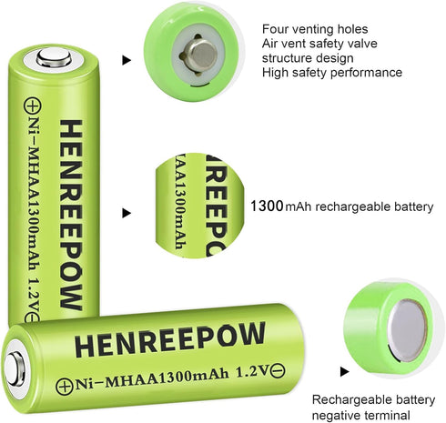 Henreepow Ni-MH AA Rechargeable Batteries, 1.2V 1300mAh Pre-Charged for Garden Landscaping, 12-Pack