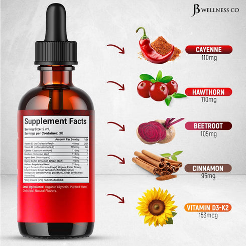 JB Wellness Co D3 K2 4oz Cayenne Pepper Supplement Liquid Drops + Hawthorn Berry, Vitamin Beet Root Powder, Ceylon