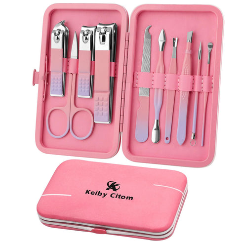 Manicure Set, Travel Mini Nail Clippers Kit, 10pcs Stainless Steel Grooming Tools (Pink Purple)