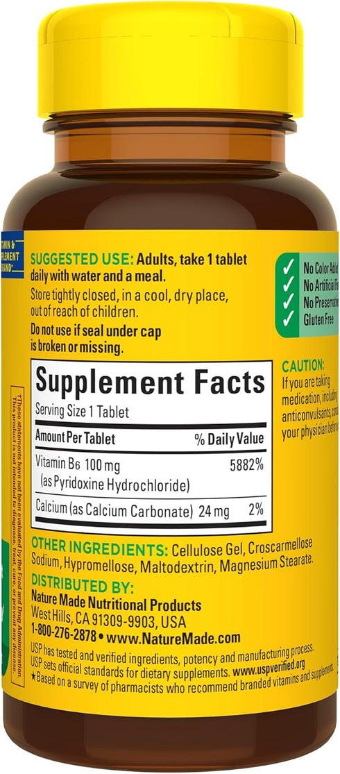 Nature Made Vitamin B6 100 mg Tablets, 100 Count for Metabolic Health
