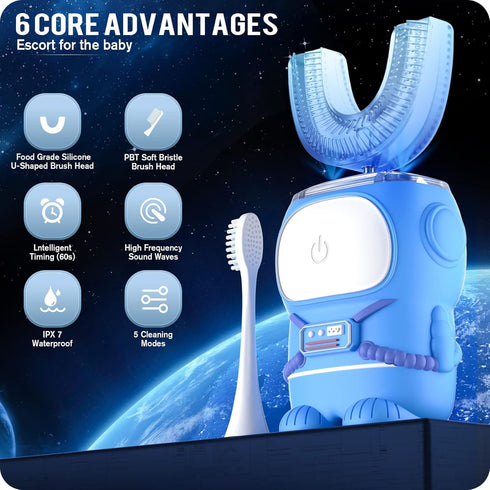 IPX7 60S (2-6 RexCodar Ultrasonic Kid's U-Shaped Electric Toothbrush, Waterproof, Five Cleaning Modes, Cartoon