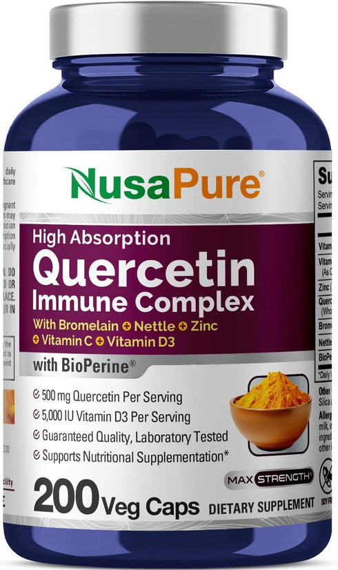 NusaPure Quercetin Complex, 200 Veggie Caps - Bromelain, Vitamin C, D3, Stinging Nettle & Zinc