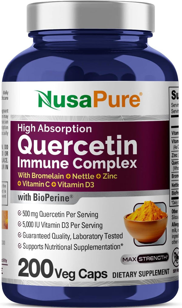 NusaPure Quercetin Complex, 200 Veggie Caps - Bromelain, Vitamin C, D3, Stinging Nettle & Zinc