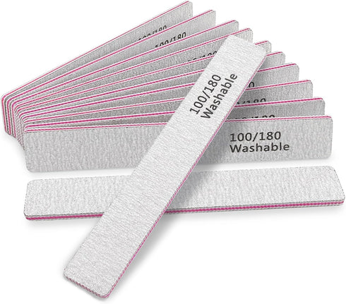 Nail File 12 PCS Professional Reusable 100/180 Grit Washable Tools for Poly Nail Extension Gel and Acrylic