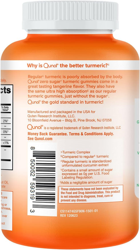 Qunol Zero Sugar Turmeric Gummies, Gummy with 500mg Turmeric Curcumin, Vegetarian, Gluten Free Joint Support